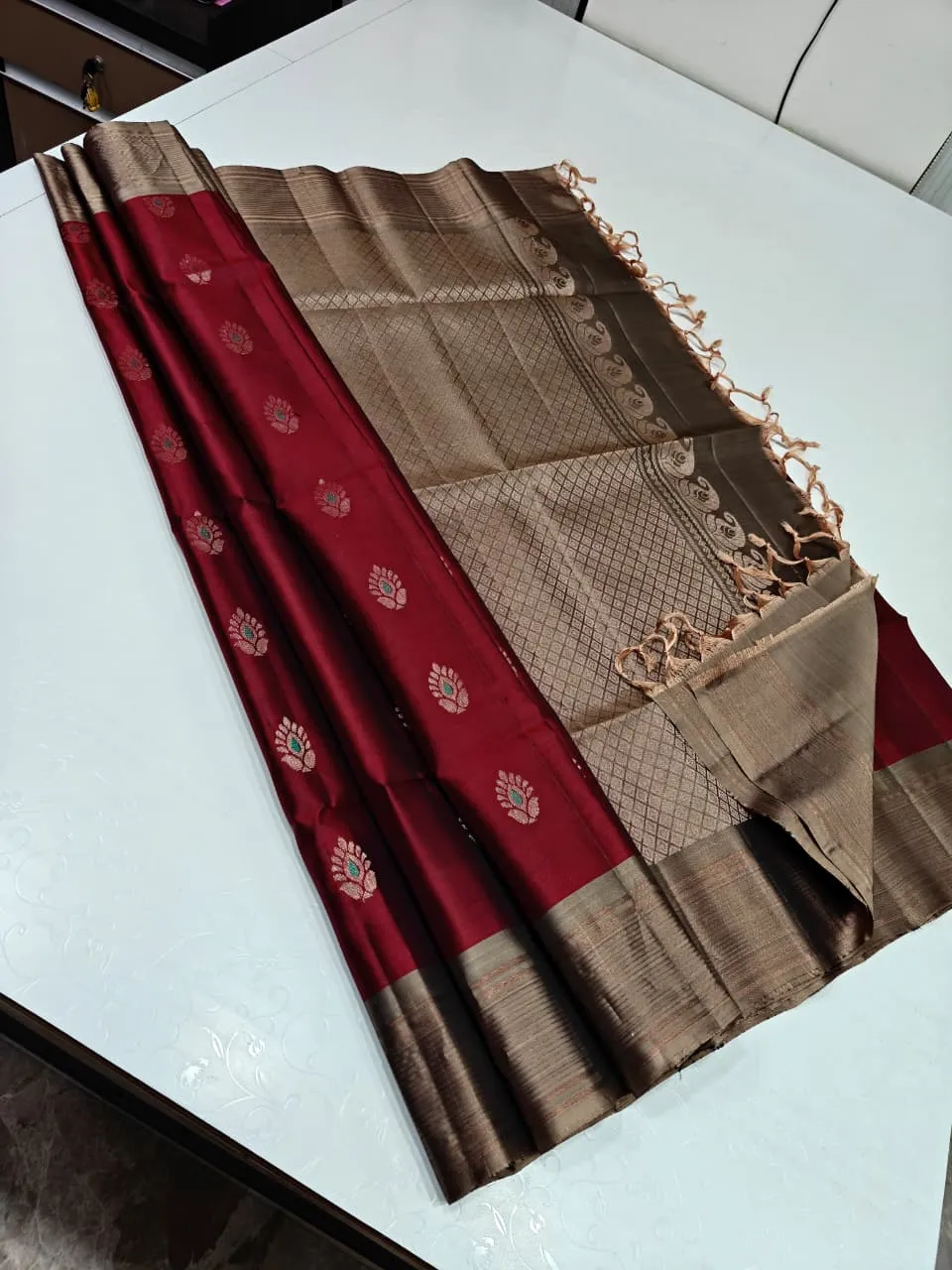 Crimson Red & Beige Traditional Saree